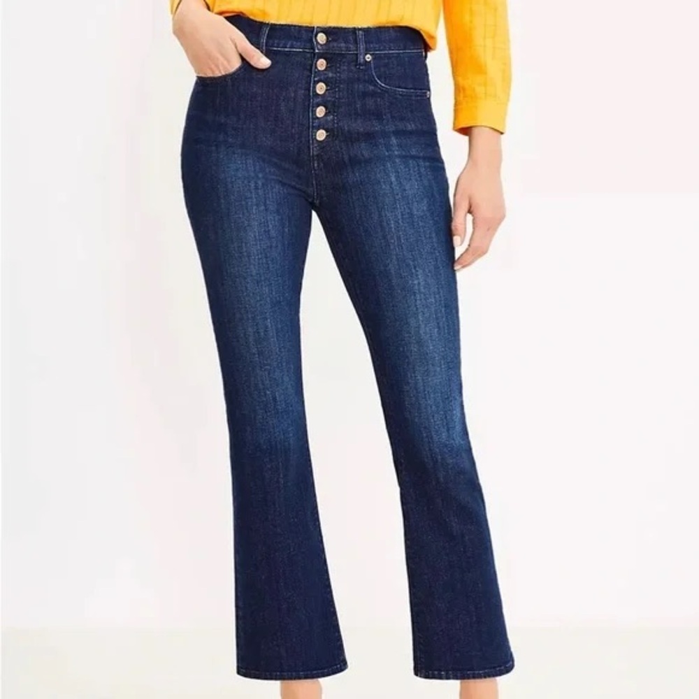 LOFT Size 29/8 Button Front High Rise Kick Crop Dark Indigo Wash Jeans NEW
